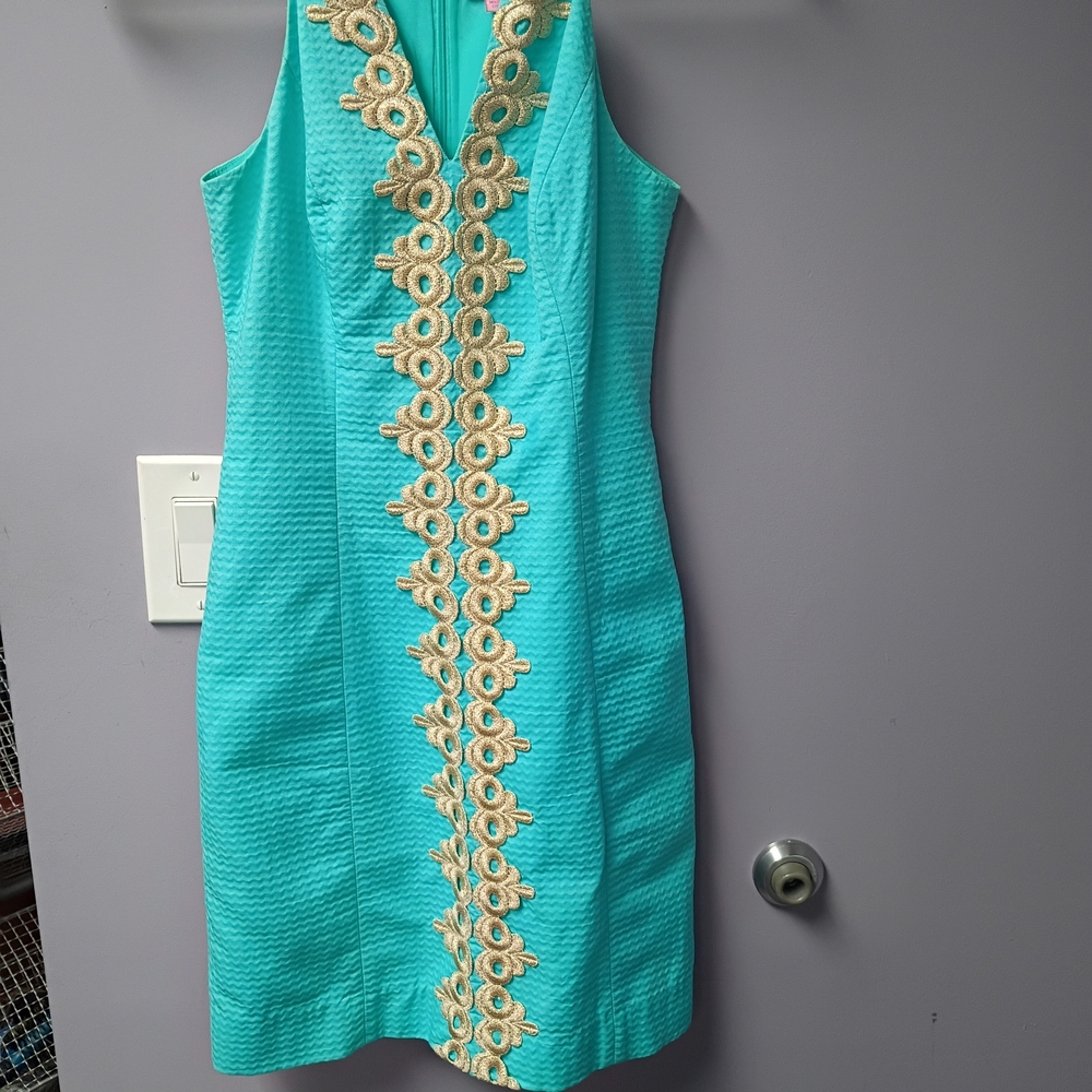 Lilly Pulitzer Aqua Sleeveless Sheath Dress with Gold Embroidery
